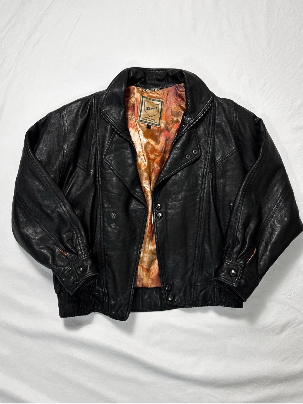 Vintage Edwards Black Leather Bomber Jacket with Patterned Lining